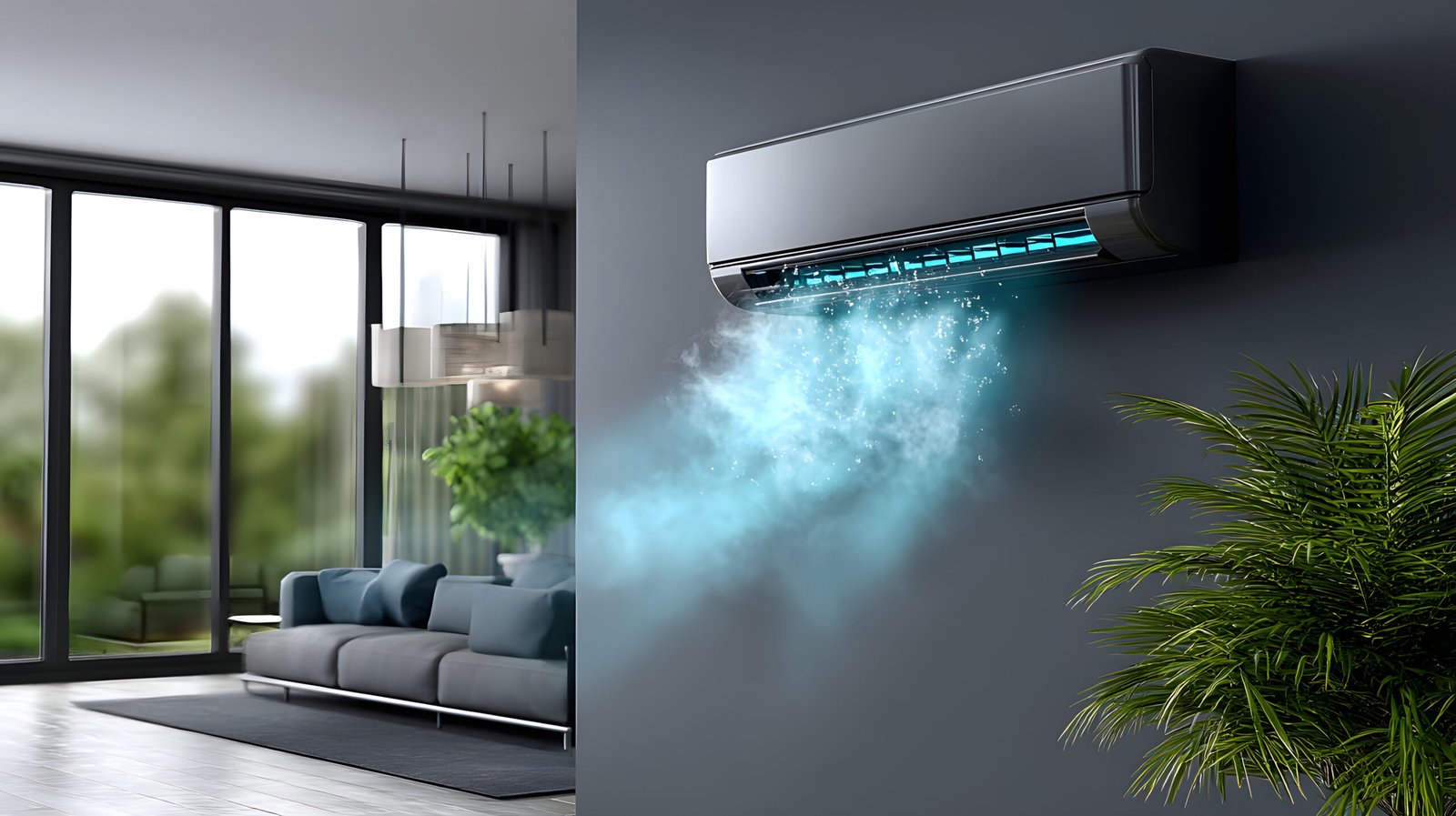 A modern air conditioner is seen in a stylish living room, providing cool air and comfort. The indoor plants enhance the refreshing atmosphere of the space.