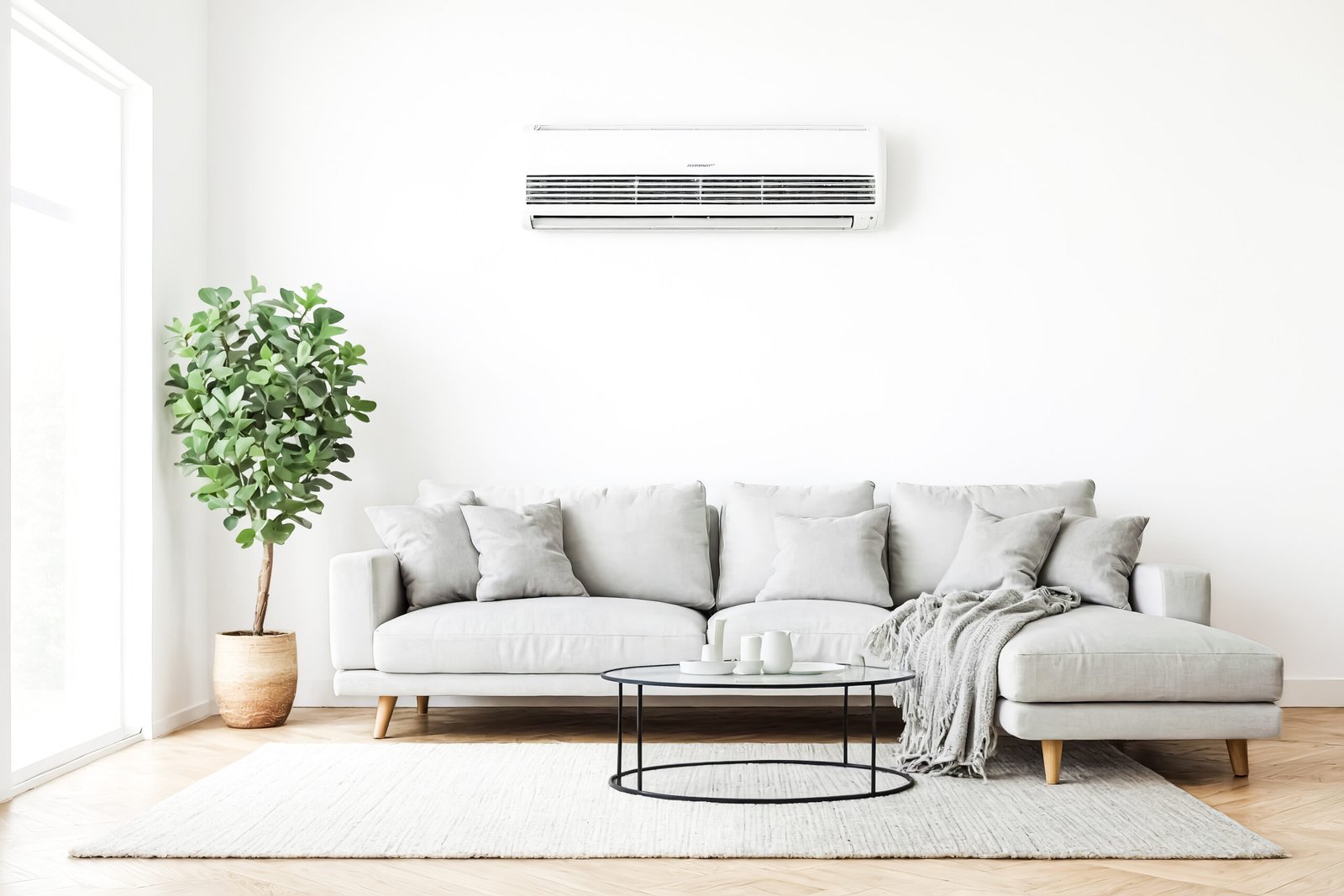 A white sectional sofa with soft gray pillows and a cozy blanket sits in front of a white wall with a modern air conditioner unit. The room is decorated in a minimalist style with a white rug and a glass coffee table with black metal legs. A small green plant adds a touch of nature to the space.